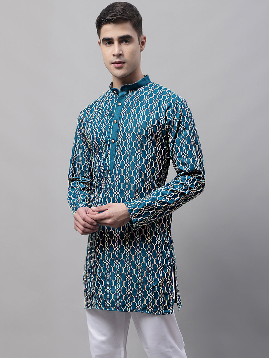Jompers Men's Teal Blue and Multi Coloured Embroidered Straight Kurta - Distacart