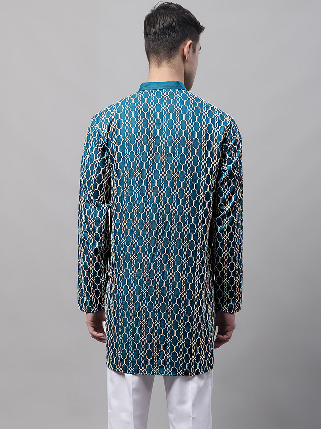 Jompers Men's Teal Blue and Multi Coloured Embroidered Straight Kurta - Distacart