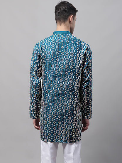 Jompers Men's Teal Blue and Multi Coloured Embroidered Straight Kurta - Distacart