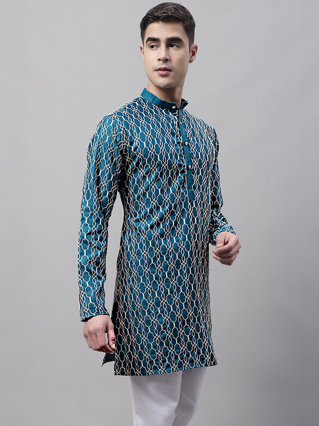 Jompers Men's Teal Blue and Multi Coloured Embroidered Straight Kurta - Distacart