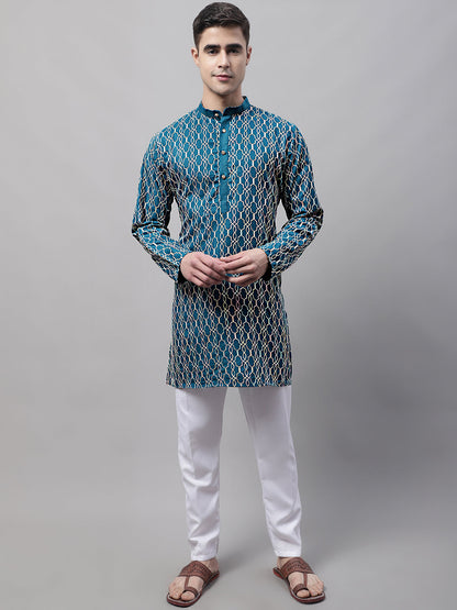 Jompers Men's Teal Blue and Multi Coloured Embroidered Straight Kurta - Distacart