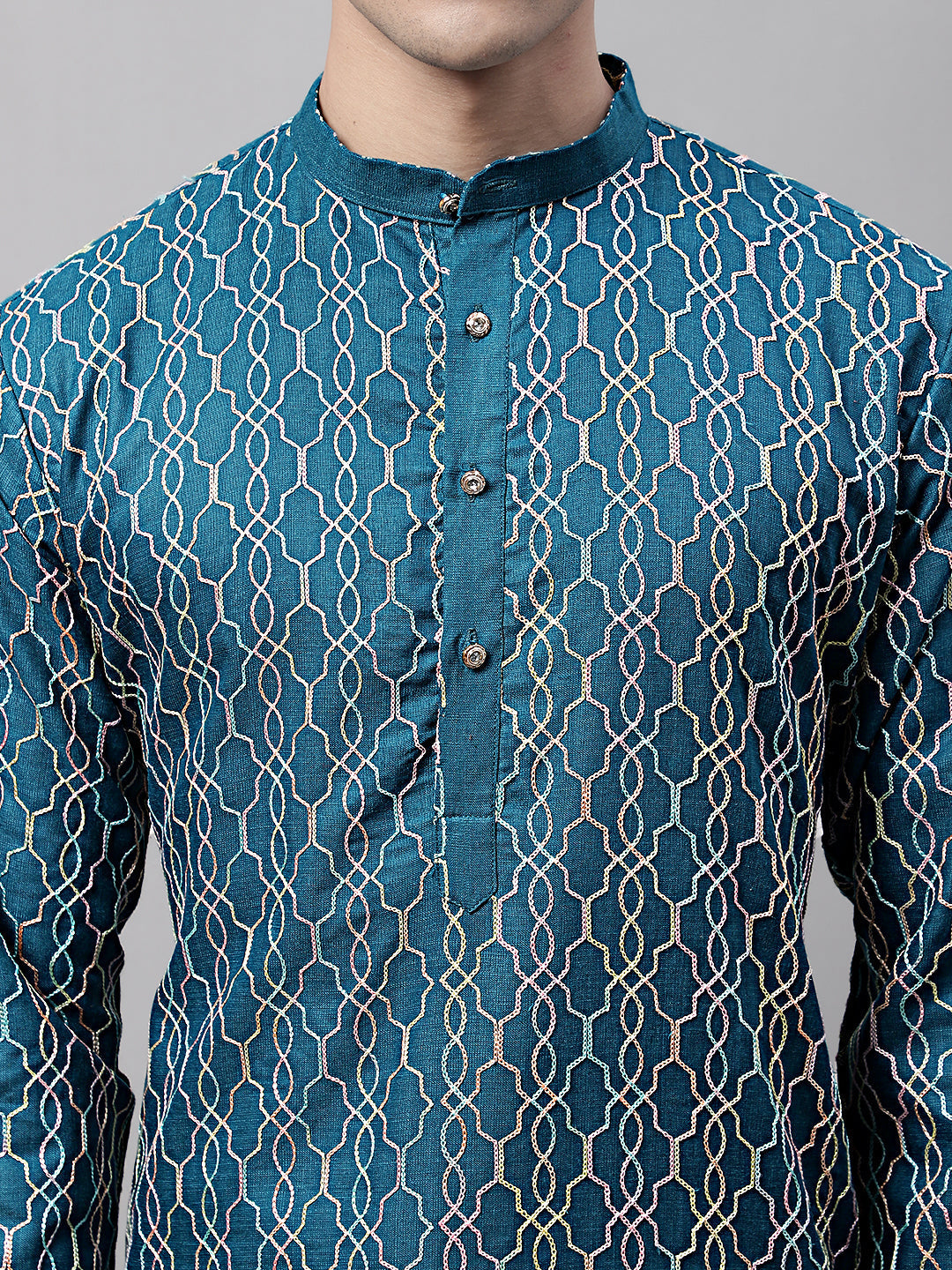 Jompers Men's Teal Blue and Multi Coloured Embroidered Straight Kurta - Distacart