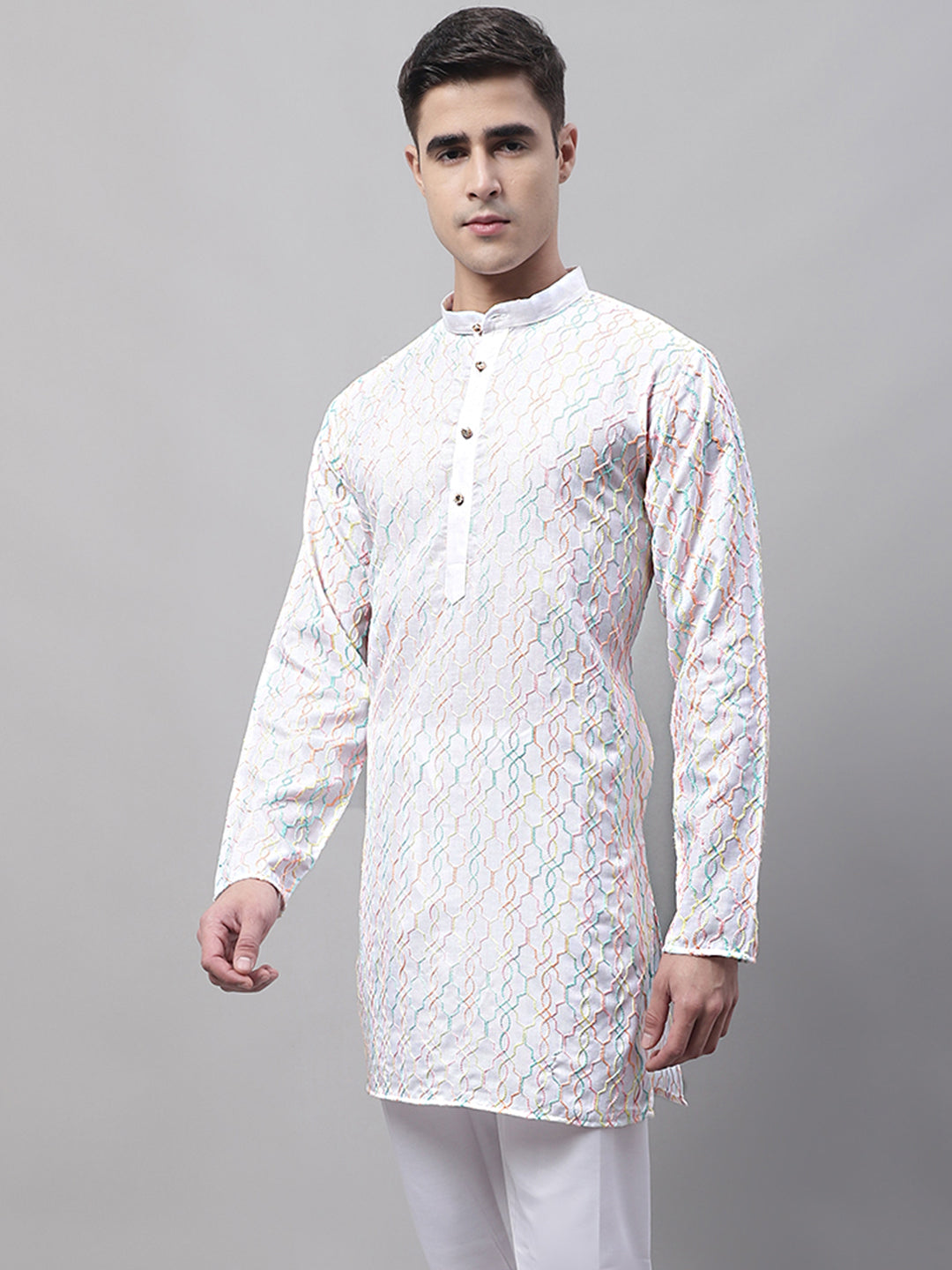 Jompers Men's White and Multi Coloured Embroidered Straight Kurta - Distacart