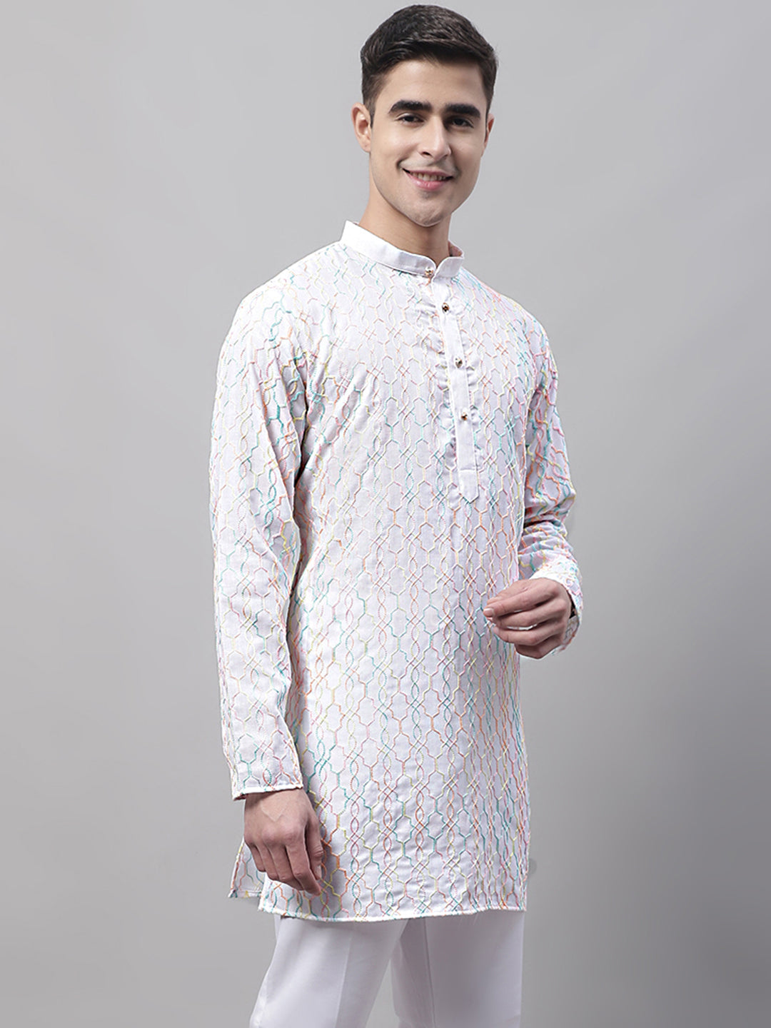 Jompers Men's White and Multi Coloured Embroidered Straight Kurta - Distacart
