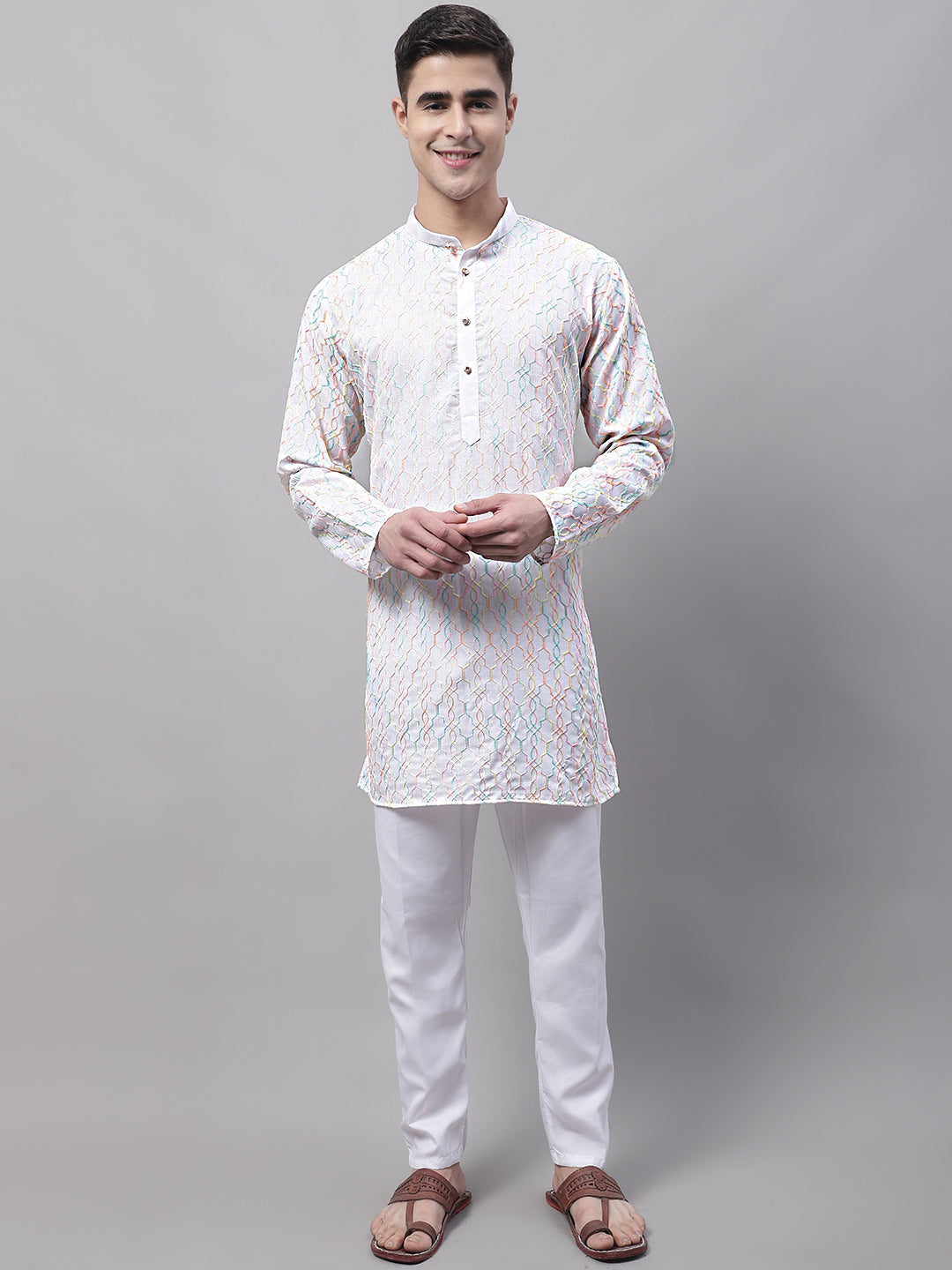 Jompers Men's White and Multi Coloured Embroidered Straight Kurta - Distacart