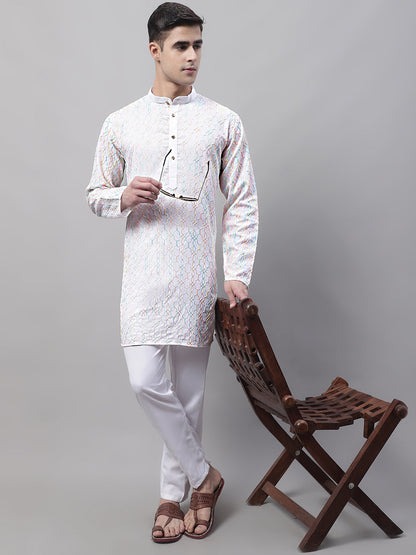 Jompers Men's White and Multi Coloured Embroidered Straight Kurta - Distacart