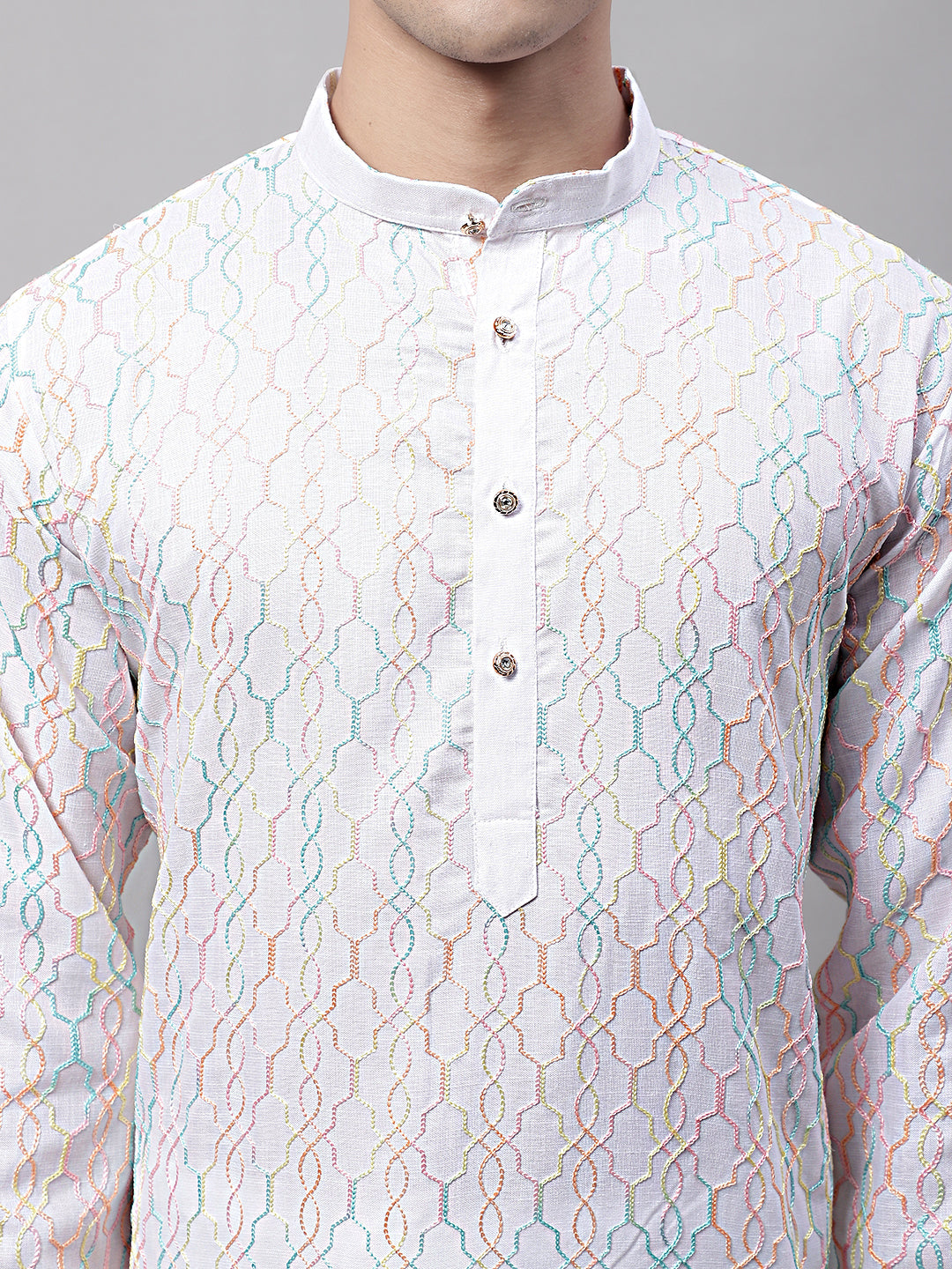 Jompers Men's White and Multi Coloured Embroidered Straight Kurta - Distacart