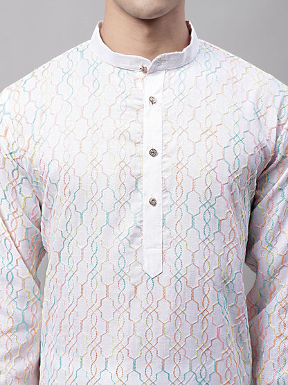 Jompers Men's White and Multi Coloured Embroidered Straight Kurta - Distacart
