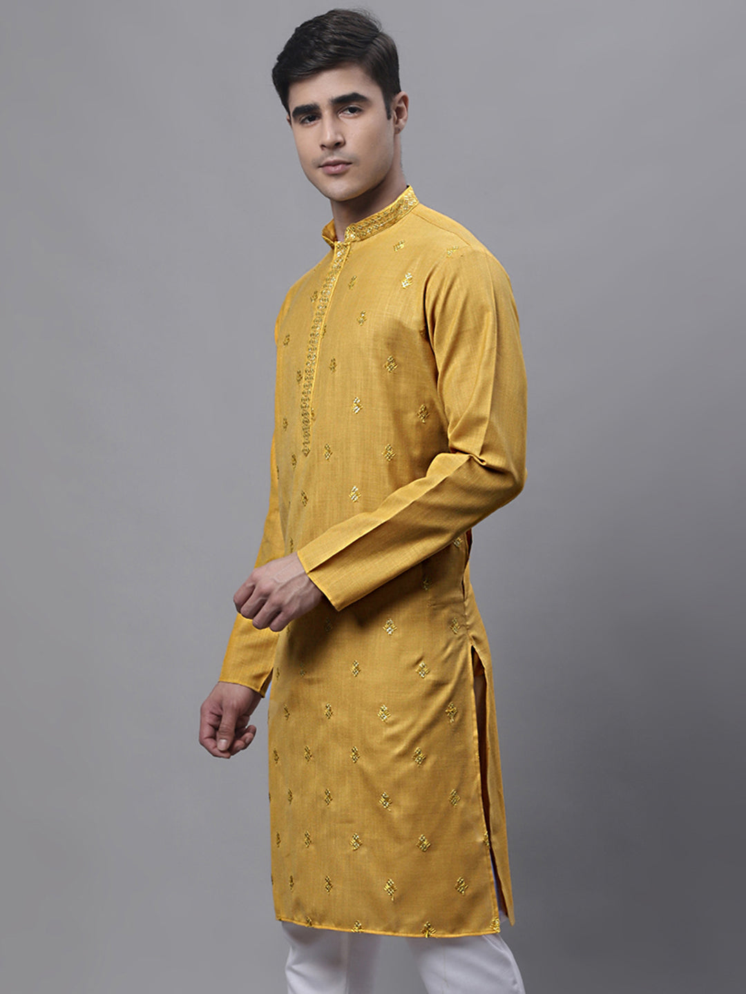 Jompers Men's Mustard Embroidered Straight Kurta - Distacart