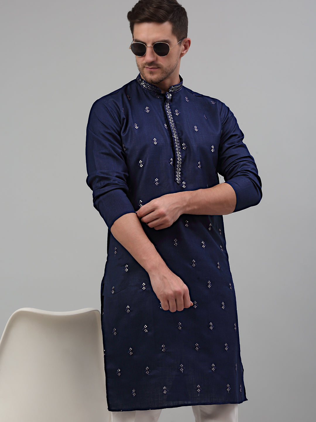 Jompers Men's Navy Blue Embroidered Straight Kurta Only - Distacart