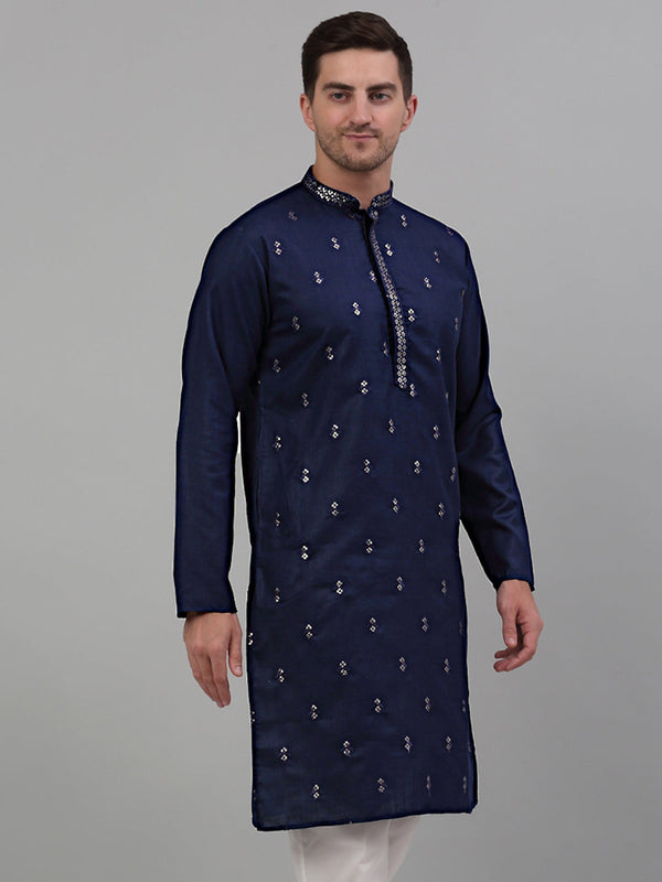Jompers Men's Navy Blue Embroidered Straight Kurta Only - Distacart