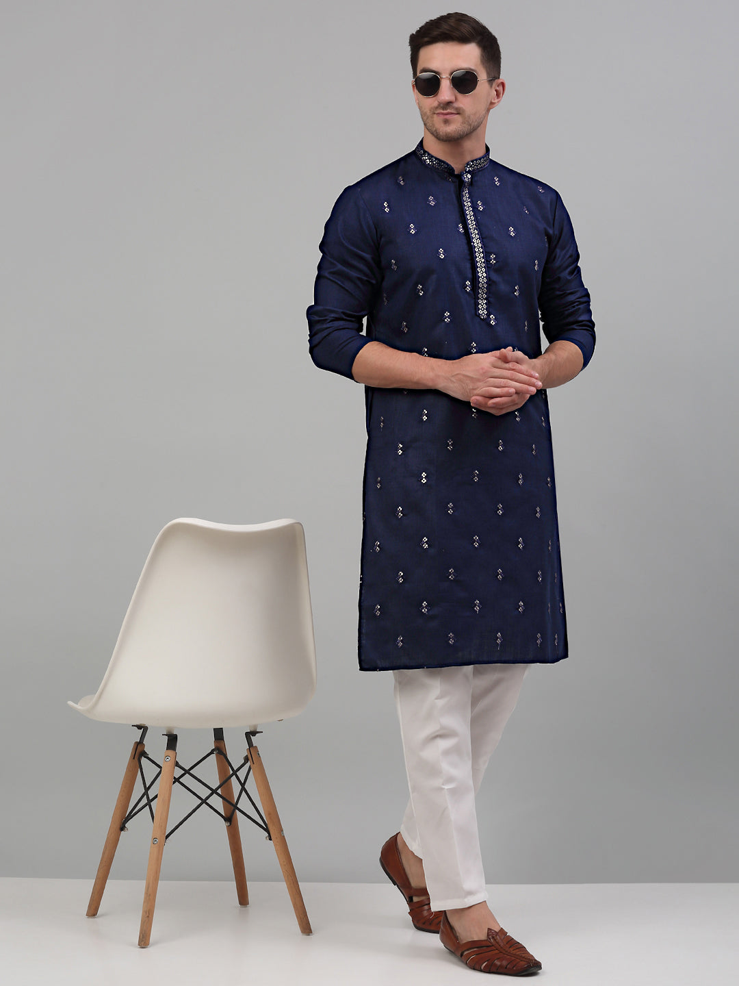 Jompers Men's Navy Blue Embroidered Straight Kurta Only - Distacart