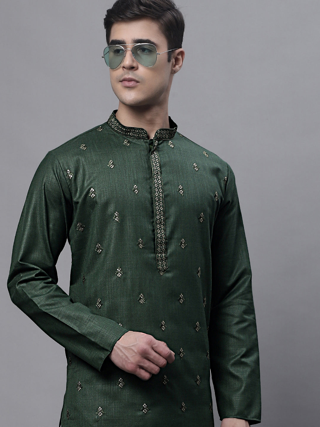 Jompers Men's Olive Green Embroidered Straight Kurta - Distacart