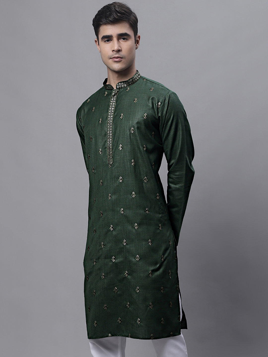 Jompers Men's Olive Green Embroidered Straight Kurta - Distacart