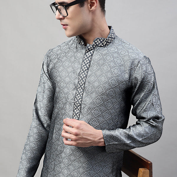Jompers Men's Grey Jacquard Silk Collar Embroidered Kurta - Distacart