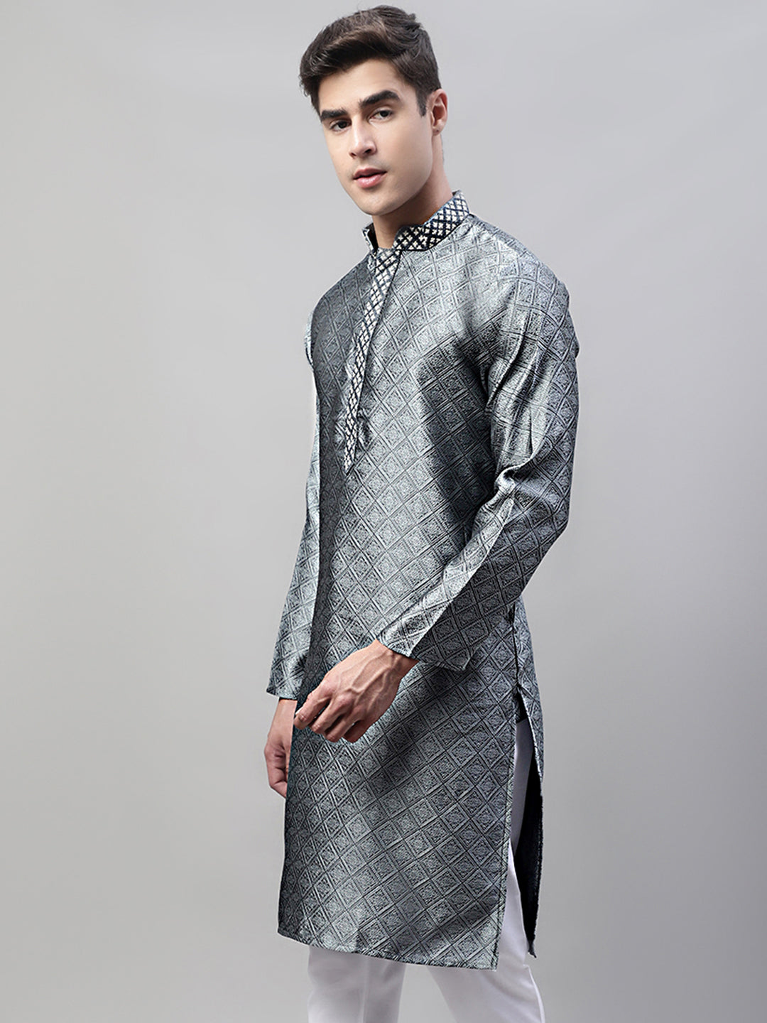 Jompers Men's Grey Jacquard Silk Collar Embroidered Kurta - Distacart