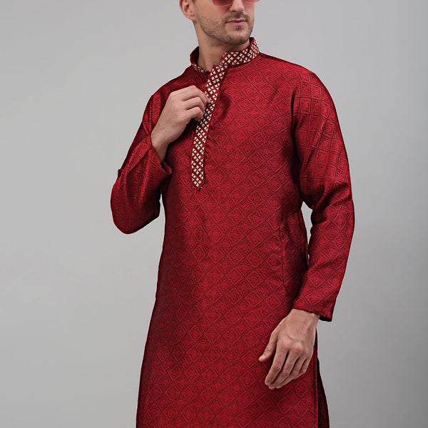 Jompers Men's Maroon Collar Embroidered Kurta Only - Distacart