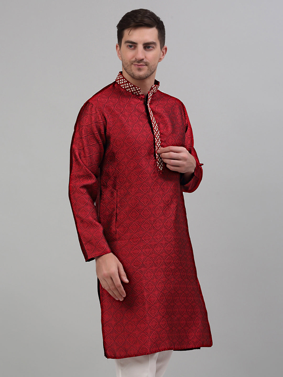 Jompers Men's Maroon Collar Embroidered Kurta Only - Distacart
