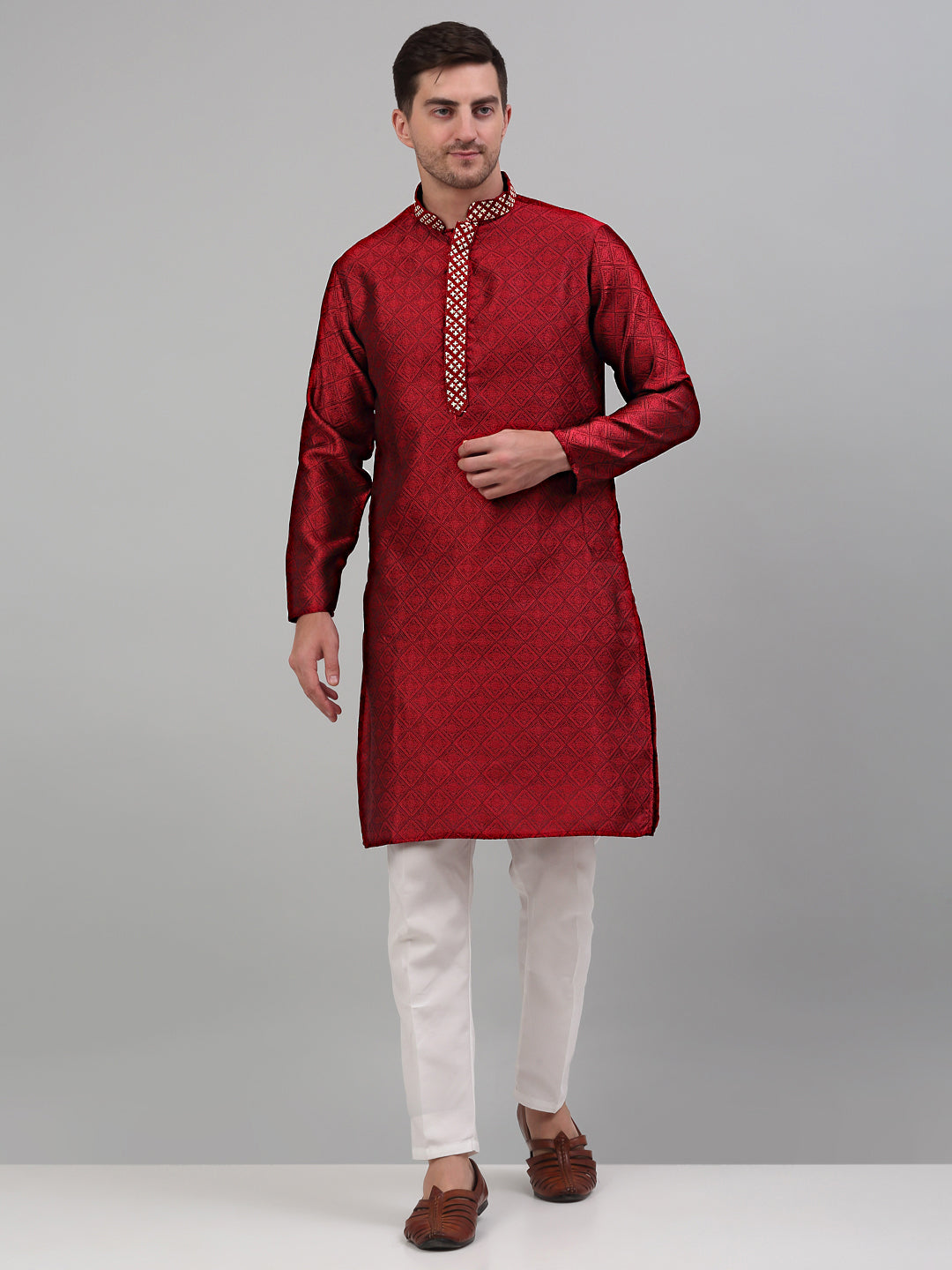 Jompers Men's Maroon Collar Embroidered Kurta Only - Distacart