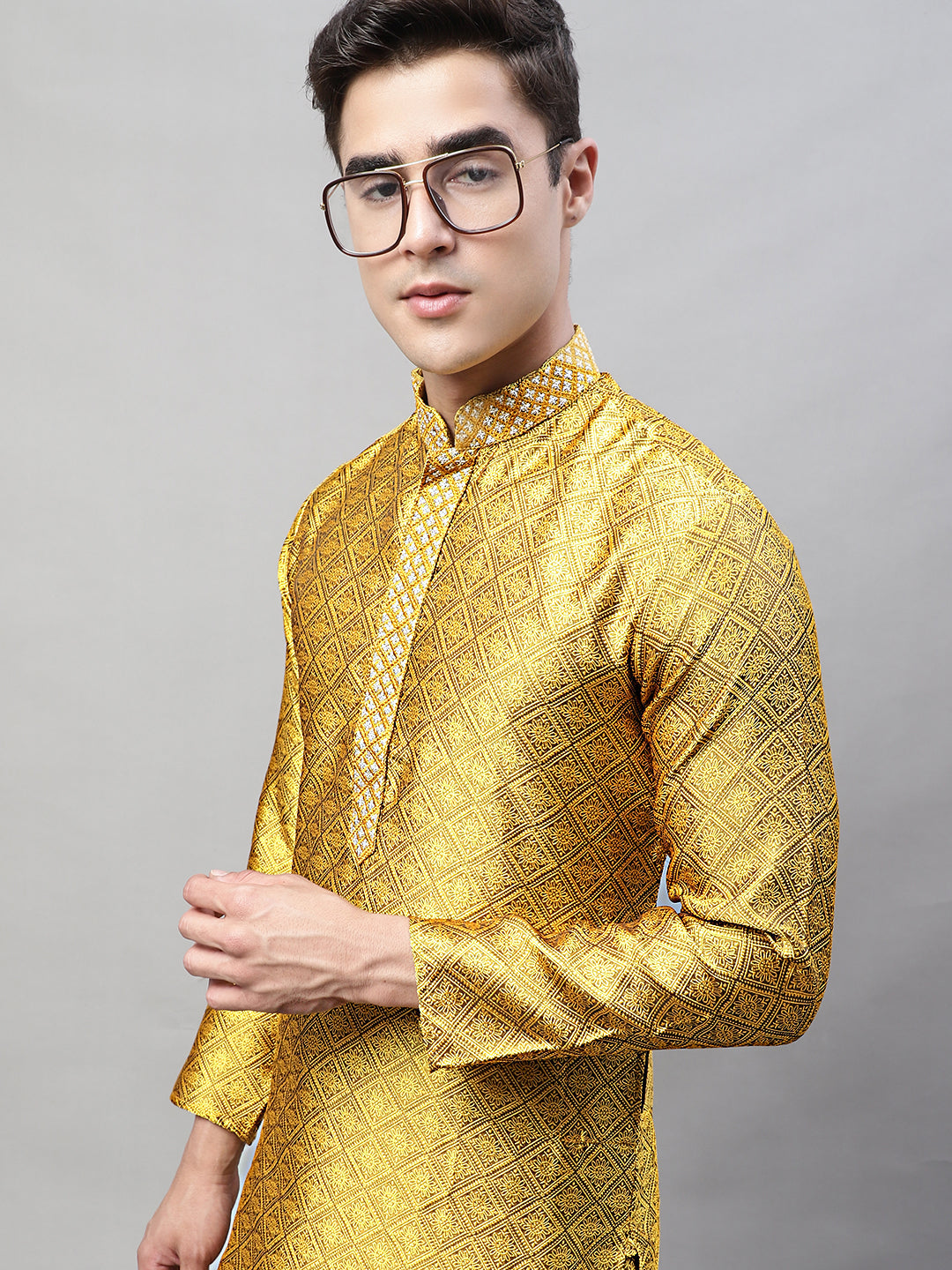 Jompers Men's Mustard Jacquard Silk Collar Embroidered Kurta - Distacart