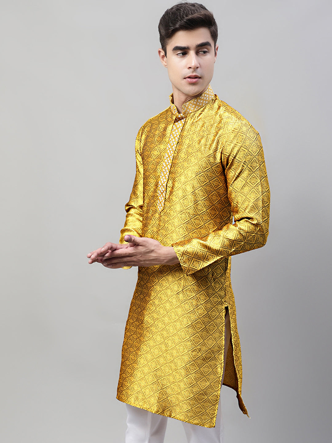 Jompers Men's Mustard Jacquard Silk Collar Embroidered Kurta - Distacart