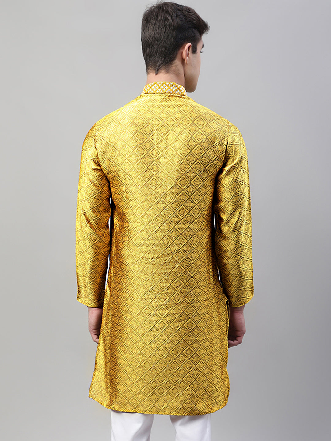 Jompers Men's Mustard Jacquard Silk Collar Embroidered Kurta - Distacart