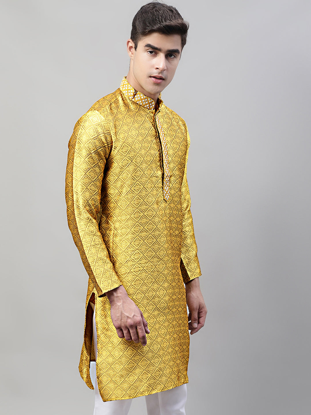 Jompers Men's Mustard Jacquard Silk Collar Embroidered Kurta - Distacart