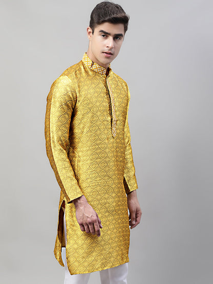 Jompers Men's Mustard Jacquard Silk Collar Embroidered Kurta - Distacart