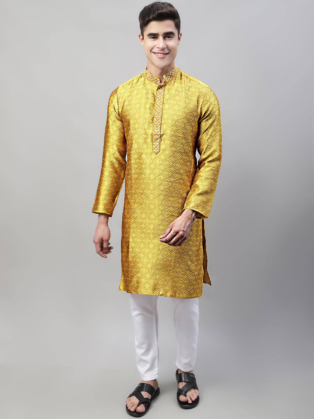 Jompers Men's Mustard Jacquard Silk Collar Embroidered Kurta - Distacart