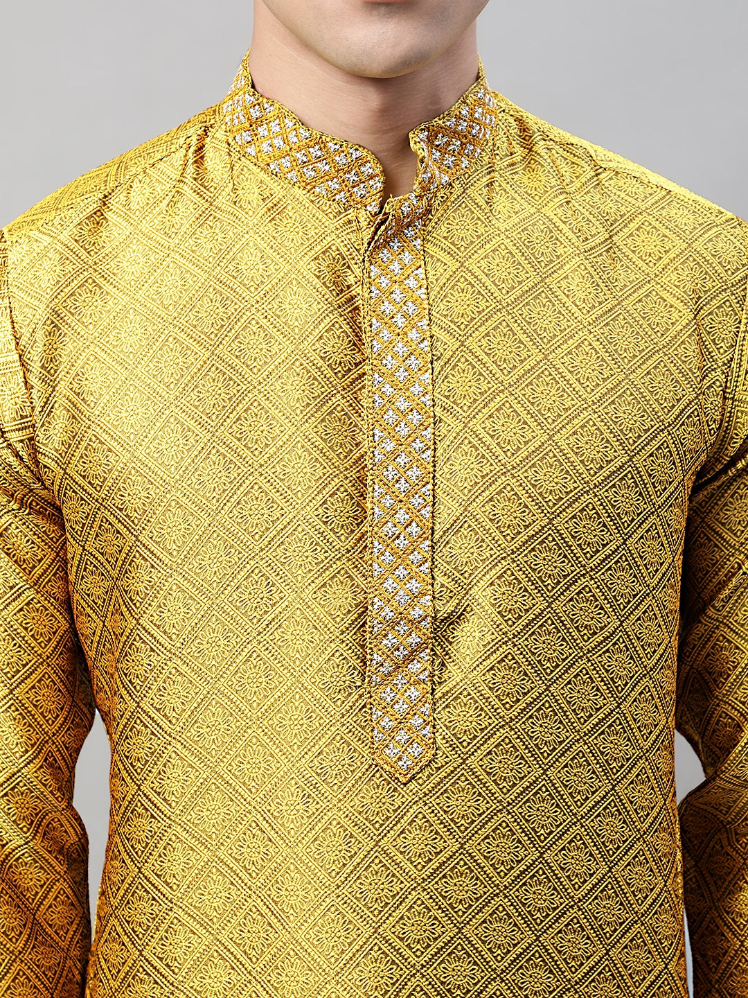 Jompers Men's Mustard Jacquard Silk Collar Embroidered Kurta - Distacart