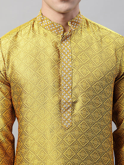 Jompers Men's Mustard Jacquard Silk Collar Embroidered Kurta - Distacart