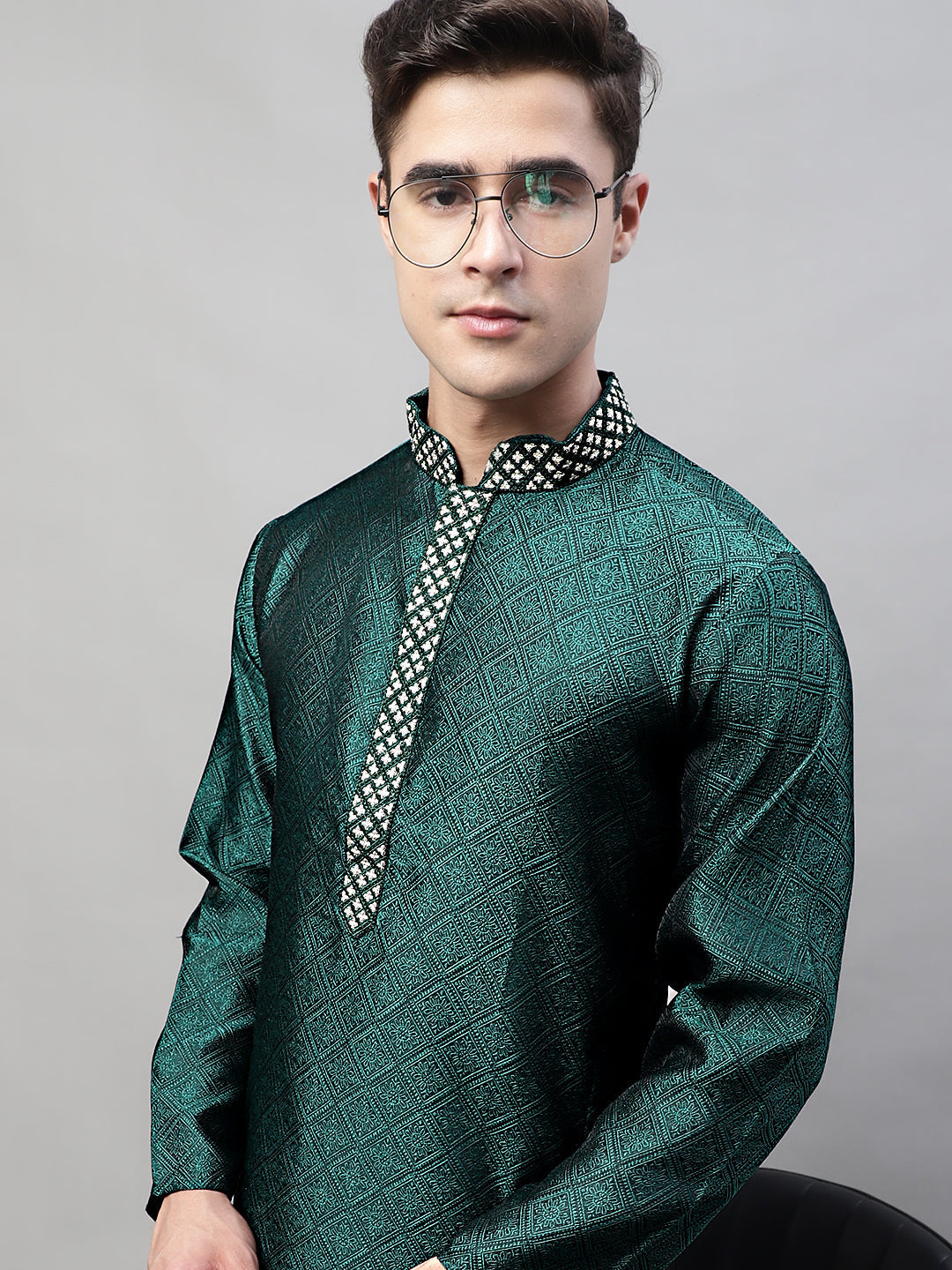 Jompers Men's Olive Green Jacquard Silk Collar Embroidered Kurta - Distacart