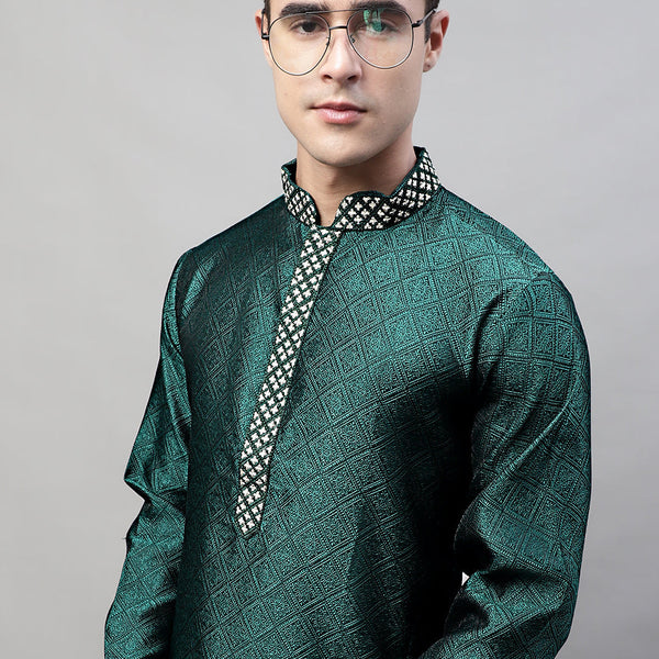 Jompers Men's Olive Green Jacquard Silk Collar Embroidered Kurta - Distacart