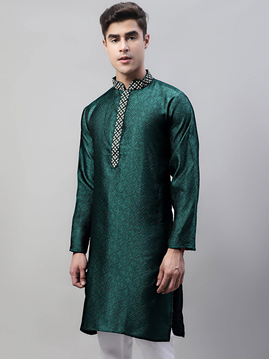 Jompers Men's Olive Green Jacquard Silk Collar Embroidered Kurta - Distacart