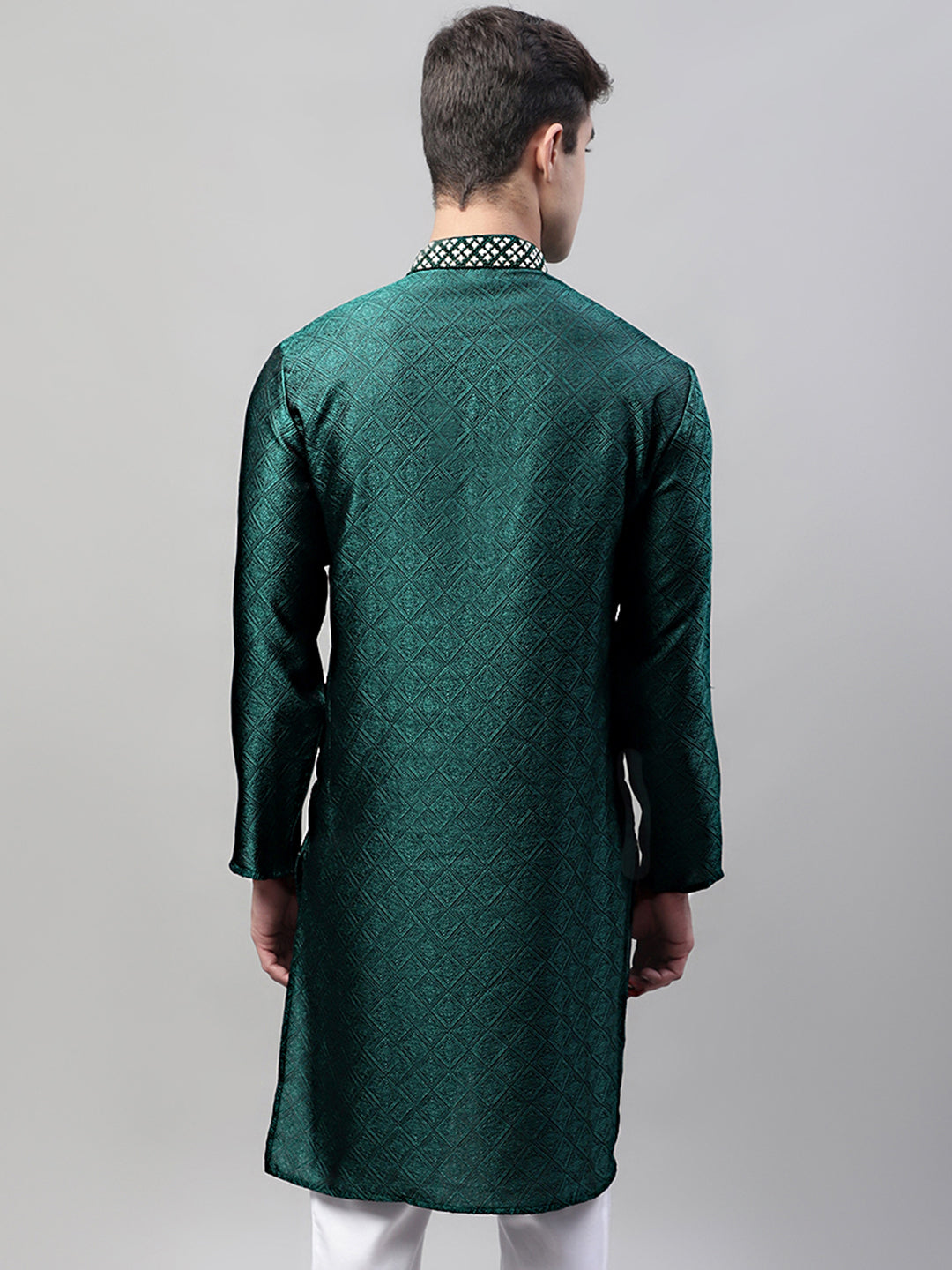 Jompers Men's Olive Green Jacquard Silk Collar Embroidered Kurta - Distacart