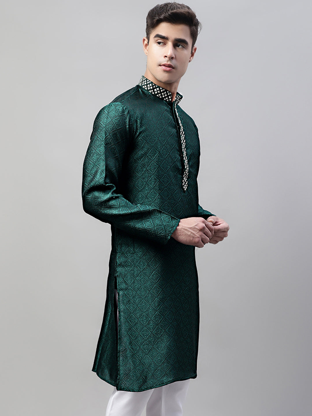 Jompers Men's Olive Green Jacquard Silk Collar Embroidered Kurta - Distacart