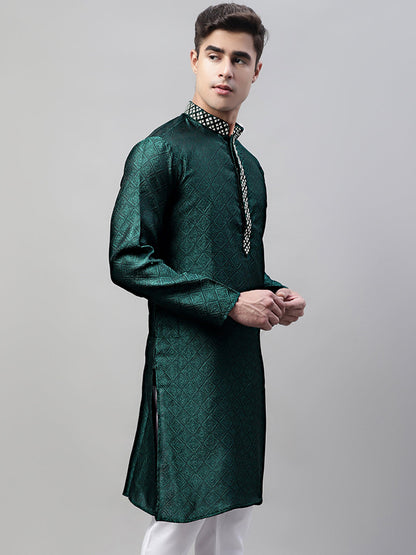 Jompers Men's Olive Green Jacquard Silk Collar Embroidered Kurta - Distacart