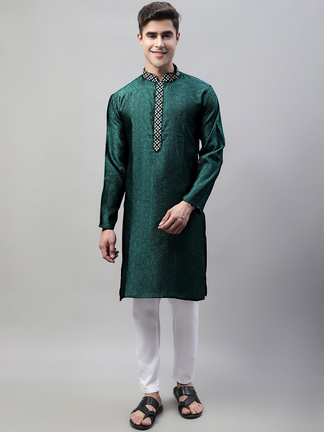 Jompers Men's Olive Green Jacquard Silk Collar Embroidered Kurta - Distacart