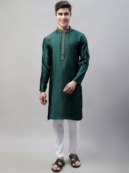 Jompers Men's Olive Green Jacquard Silk Collar Embroidered Kurta - Distacart