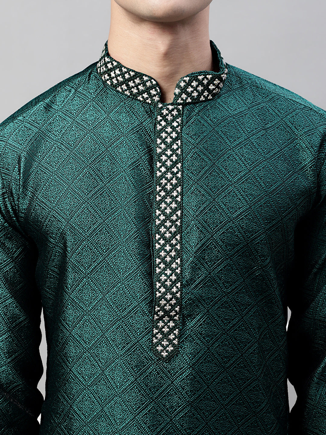 Jompers Men's Olive Green Jacquard Silk Collar Embroidered Kurta - Distacart