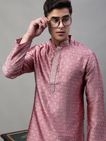 Thumbnail for Jompers Men's Pink Jacquard Silk Collar Embroidered Kurta - Distacart
