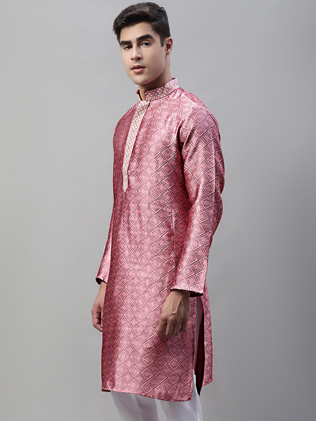 Jompers Men's Pink Jacquard Silk Collar Embroidered Kurta - Distacart
