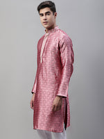 Thumbnail for Jompers Men's Pink Jacquard Silk Collar Embroidered Kurta - Distacart