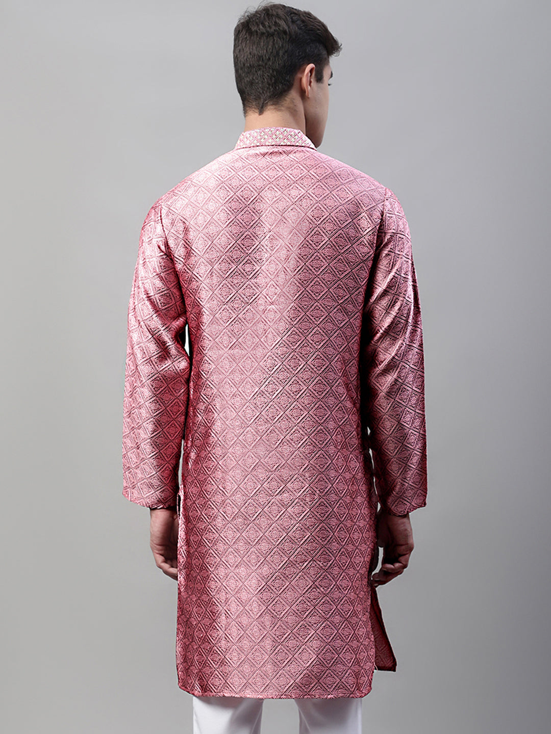 Jompers Men's Pink Jacquard Silk Collar Embroidered Kurta - Distacart