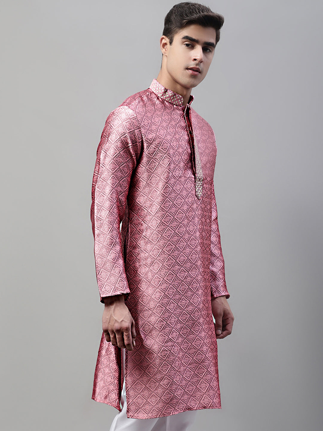 Jompers Men's Pink Jacquard Silk Collar Embroidered Kurta - Distacart