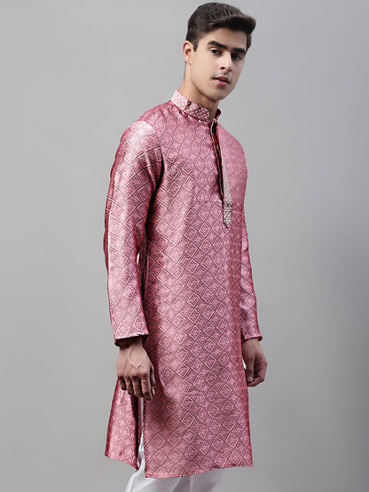 Jompers Men's Pink Jacquard Silk Collar Embroidered Kurta - Distacart