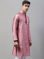 Thumbnail for Jompers Men's Pink Jacquard Silk Collar Embroidered Kurta - Distacart