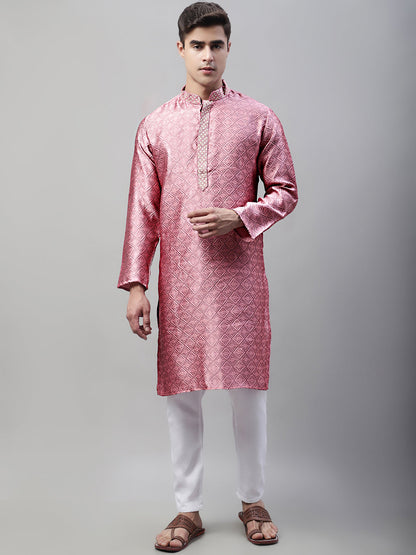 Jompers Men's Pink Jacquard Silk Collar Embroidered Kurta - Distacart