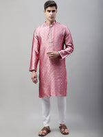 Thumbnail for Jompers Men's Pink Jacquard Silk Collar Embroidered Kurta - Distacart