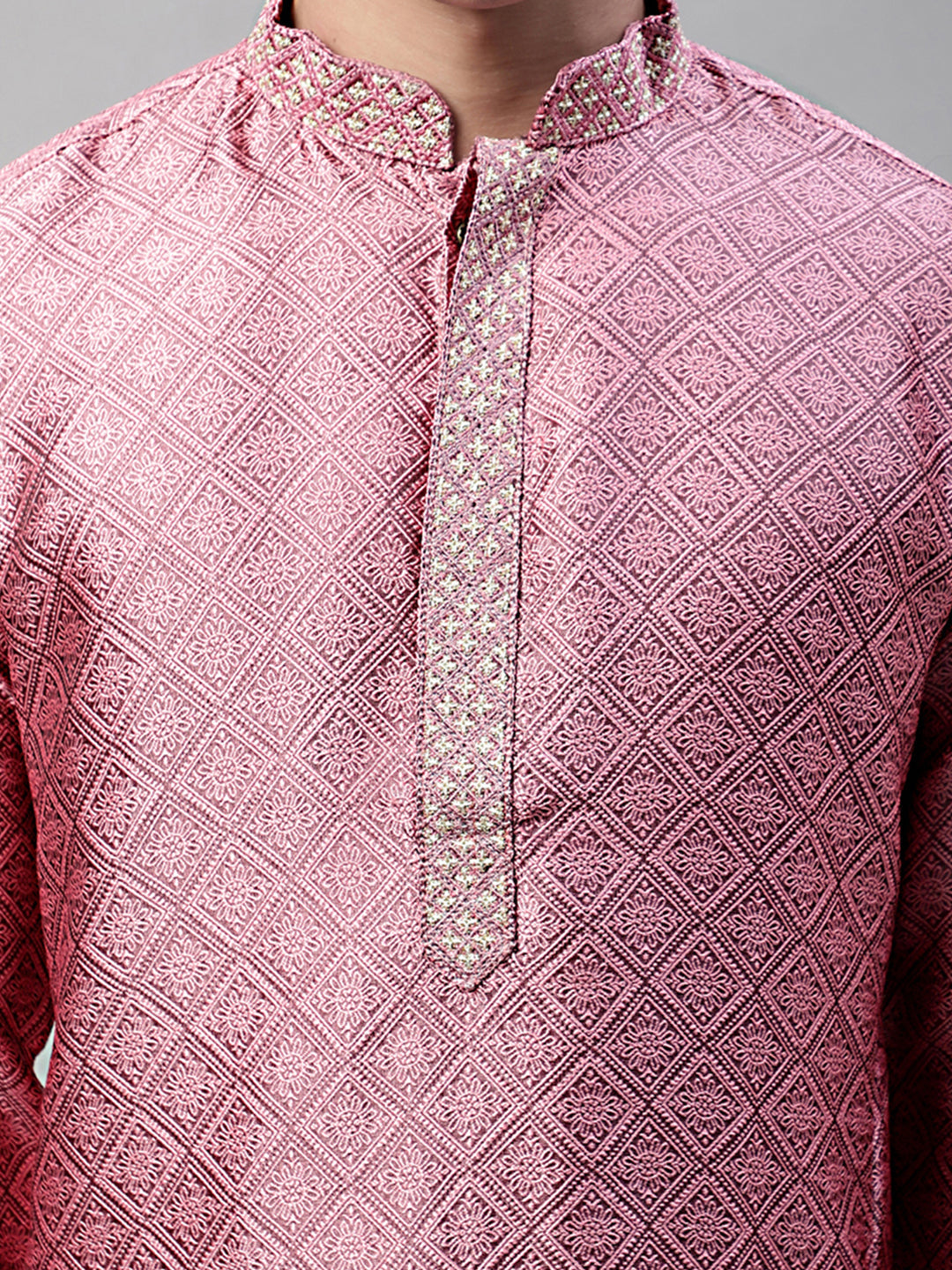 Jompers Men's Pink Jacquard Silk Collar Embroidered Kurta - Distacart
